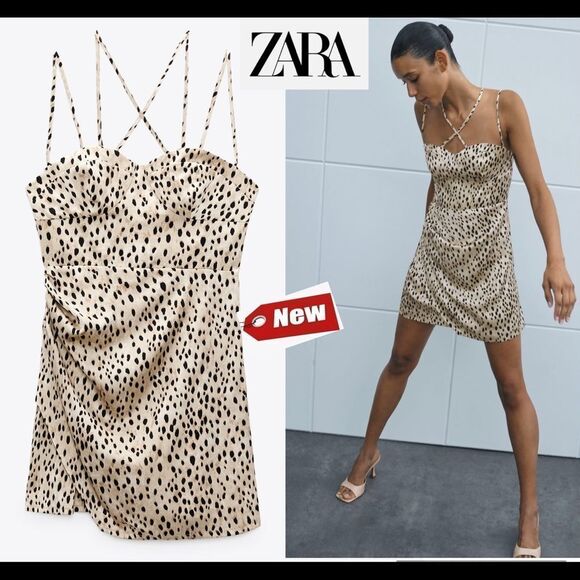Zara Cream brown leopard print spaghetti strap mini dress Sz XS NWT - Picture 1 of 11